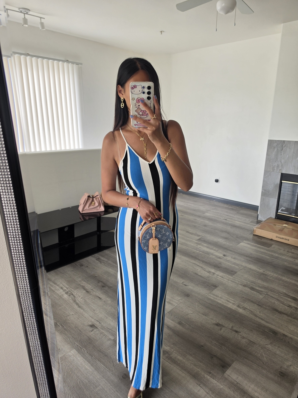 Striped Blue & White Maxi Slip Dress with Side Slit - Picture 10 of 13